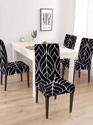 Premium Polyester Spandex Printed Chair Cover Pack of 6, Stretch Removable Washable Short Dining Chair Cover, Protector Seat Slipcover( Black Floral )