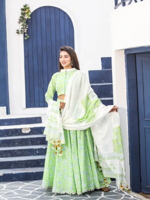 Latest Lime Green Lehenga Choli with Heavy Tassels on Dupatta, Comfortable Festive Wear