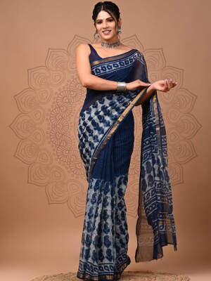 Kota doria cotton hand block printed saree with blouse, Elegant & Beautiful Saree,  Office Wear Sarees