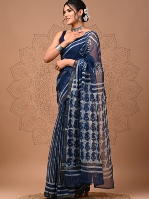 Exquisite Hand Block Printed Kota Doriya Sarees with Blouse, Trending Designs with Excellent Handwork
