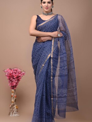 Blue Hand block  printed kota doriya sarees with blouse, Beautiful & Elegant Casual Wear Saree, Attractive & Traditional Kota Doriya Sarees