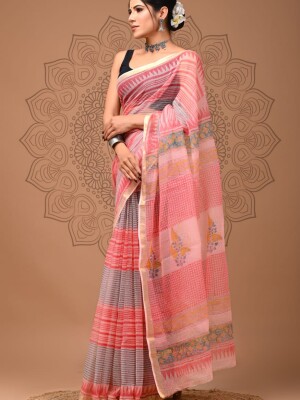 Beautiful & Colorful Hand block  printed kota doriya sarees with blouse, Length 6.5 meter, Natural dya and colour