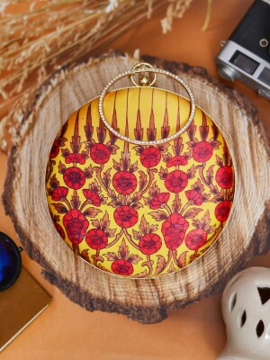 Yellow Background Floral printed Round Clutch, Classy & Trendy Handbags, Vibrant Colors, Elegant & Exclusive Designs, Suitable with Western & Indian