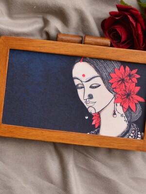 Lady with flower accessories portrait wooden clutch, made of Mango Wood,Waist Length Sling Chain Included