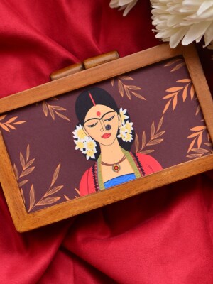 Product name: Indian graceful woman portrait wooden clutch,made of Mango Wood