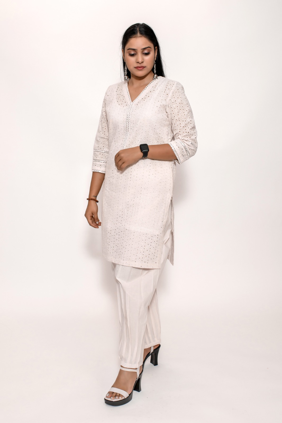 Buy Off-White Mirror Work Cotton A-Line Kurti With Palazzos Online at  Rs.1559 | Libas