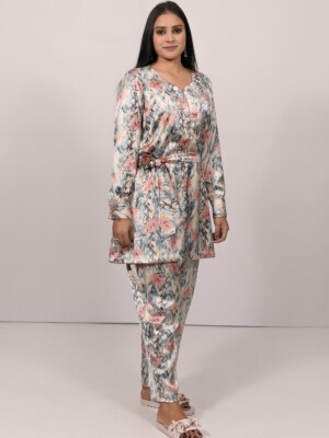 Blue pastel colors and a soft pink floral print satin co-ord set with a belt