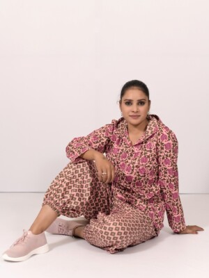 Pure Cotton Matte Pink Floral Print Co-Ord Set With a hoodie, Paired with printed matching cotton jogger pants