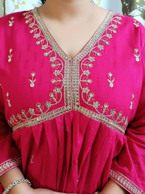 Festive kurta pant dupatta set in alia+nyra cut pattern, Pocket pants, Elegant embroidery, Embroidered and laced dupatta