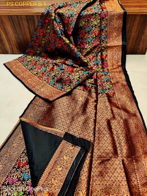 Exclusive black pashmina katan silk saree all over copper zari weaving with mina work