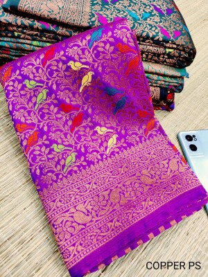 Exclusive purple pashmina katan silk saree all over copper zari weaving with mina work