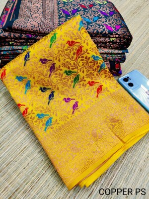 Exclusive yellow pashmina katan silk saree, all over copper zari weaving with mina work