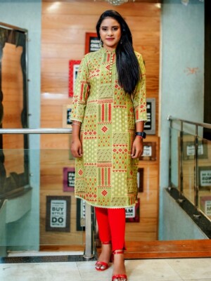 Exquisite Pista Green and Red Printed Elegant Kurti perfect for the modern woman seeking style and comfort.