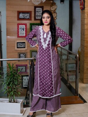 Purple Muslin Fabric kurta with matching palazzo pants, featuring diagonal stripes harmonize seamlessly with the kurta.