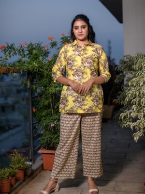 Charming Yellow Floral Printed Cotton Co-Ord set with a delightful floral print throughout