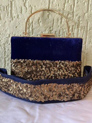 Classy blue sequins velvet clutch and belt combo,to mark your style statement with both Indian and western wear