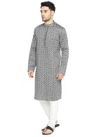 Black & grey cotton checks men long kurta and design pattern- Checks