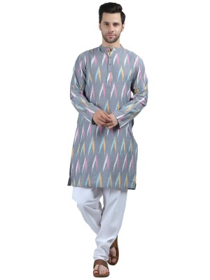 Grey cotton ikkat weave men long kurta embroidery kurta