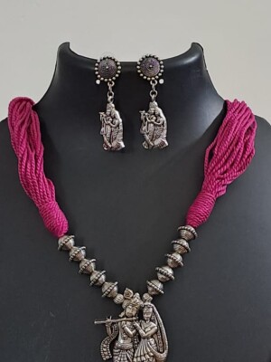 Pink  Ethnic gemstone Radhey Krishna beaded handmade necklace set