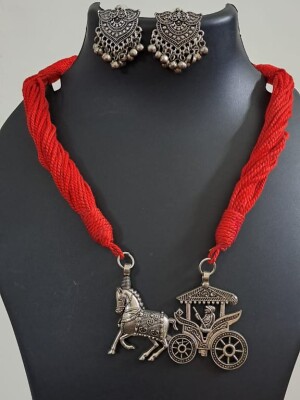 Princess Red Colored Beaded Thread Necklace with Earrings