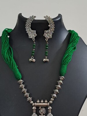 Oxidized Silver Necklace with Beaded Thread dori in Green