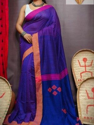 BLUE Khadi Stipes pallu buta Handloom Tangail saree