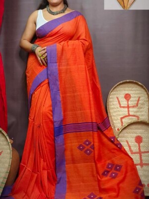 ORANGE Khadi Stipes pallu buta Handloom Tangail saree