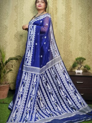 Royal blue soft silk jamdani saree