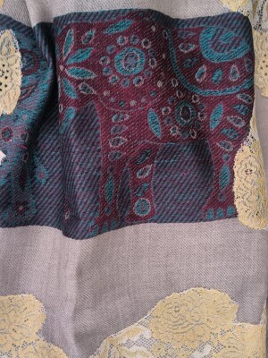 BEIGE Semi Pashmina Kani Weaving Pala With Lace Shawl