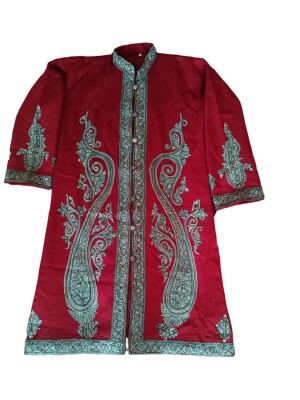 Hand Embroidered Kashmiri Long Coat,  Wool Background, Multicolor Embroidery  Paisely front and back.