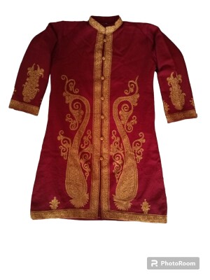 Hand Embroidered Kashmiri Long Coat,  Wool Background, Multicolor Embroidery  Paisely front and back.
