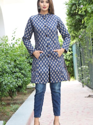 Blue Long Reversible Quilted Winter Jackets or Long Coats with printed small flowers