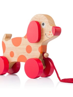 The wooden pull along dog, an adorable and classic children's toy, designed to encourage early mobility and imaginative play.