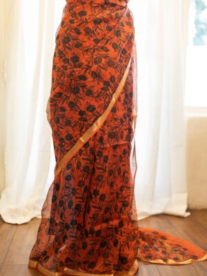 Orange kota silk pure saree with blouse
