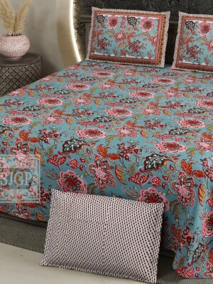 Floral print king size cotton bedsheet with 2 pillow covers