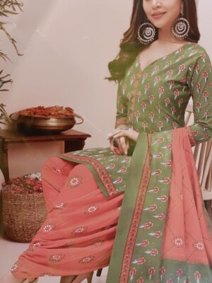 Peach & Green Pure cotton dress material for women