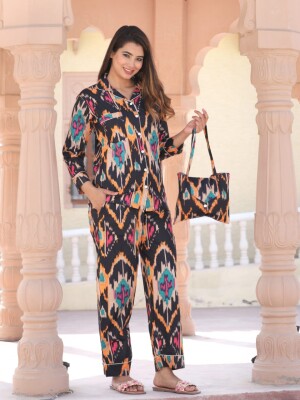 Pure cotton black night suit with bag packing for women