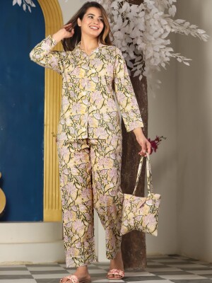 Yellow pure cotton floral design night suit with bag packing for women