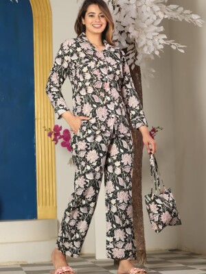 Floral black pure cotton night suit with bag packing