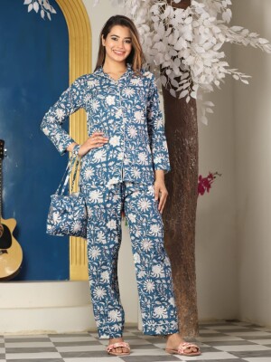 Blue floral  pure cotton night suit with bag packing for woman