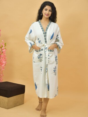 Hand block printed classic fit cotton tie belt and patch pockets bathrobe for women