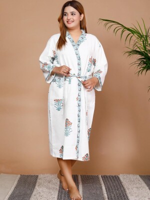 White lightweight traditional hand block printed classic fit with tie belt bathrobe for women