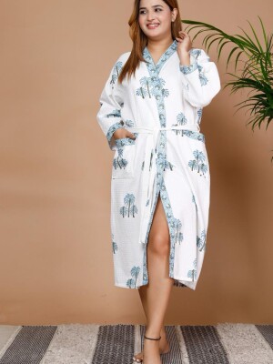 Free size white cotton hand block printed bathrobe with tie belt for women