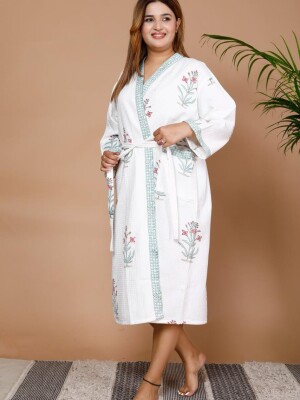 Beautiful floral hand block printed lightweight cotton bathrobe for women