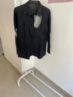 Black linen with white thread hand embroidery shirt for women