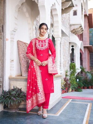 Magenta cotton partywear suit set with pant and dupatta