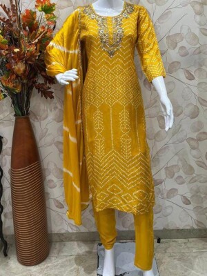 Mustard cotton suit set with neck embroidery pant & dupatta
