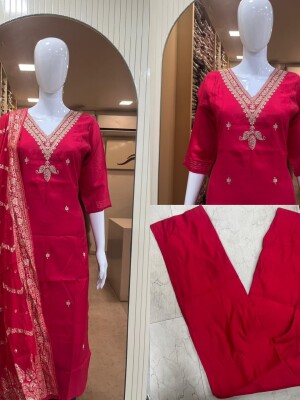 Beautiful neck embroidery magenta cotton suit with pant & dupatta