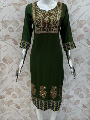 Mehndi green embroidered cotton kurta for women