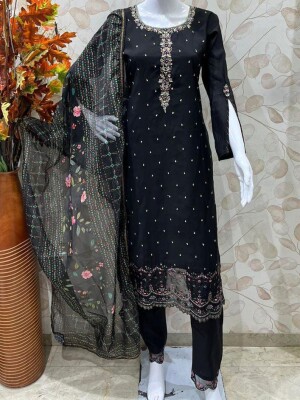 Black cotton party wear suit with neck embroidery, pant & dupatta